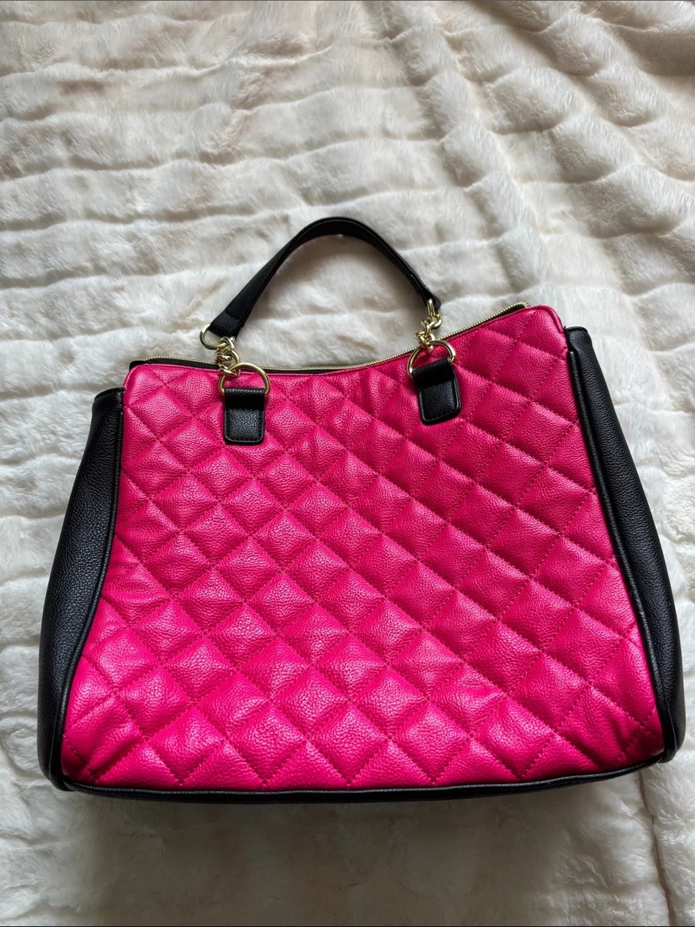 Betsey Johnson Black & Hot Pink Floral Appliqué Satchel